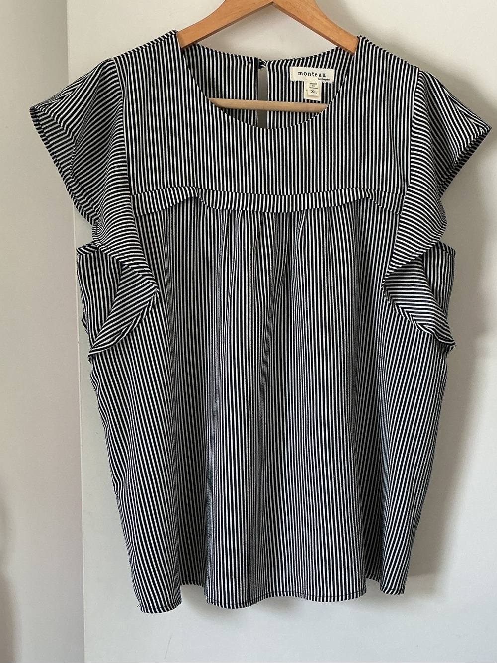 Monteau Black & White Pinstripe Ruffle Sleeve Blouse